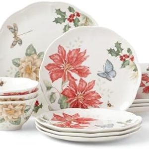 Lenox Butterfly Meadow Holiday 12-Piece Dinnerware Set, Christmas Dinnerware for Hosting, Elegant Floral Design, Perfect