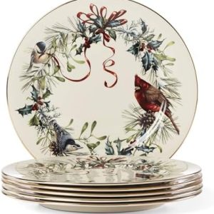 Lenox Winter Greetings 6-Piece Dinner Plate Set, 10.75" | Christmas Tableware for Holiday Hosting | Elegant Festive Desi